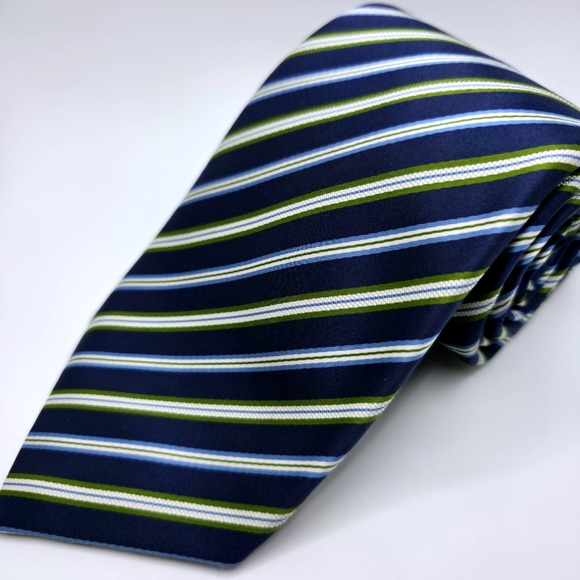 David Donahue Tie Navy Blue Green Ivory Silk Blend Handmade‎ USA Classic 60x3.75 - Picture 1 of 3